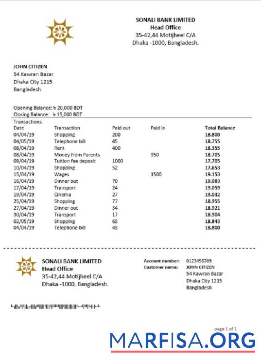 Downloadable Bangladesh Sonali bank statement word example
